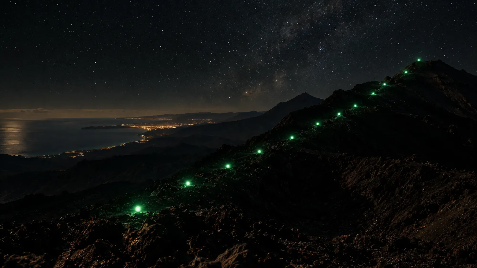 Puntos de luz verde que ascienden por una cresta volcánica