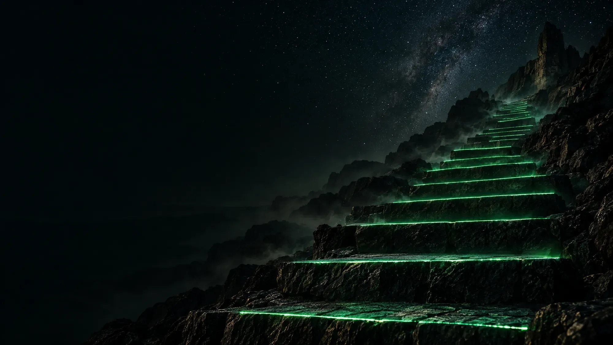 Escalera de basalto iluminada en verde subiendo hacia un cielo estrellado
