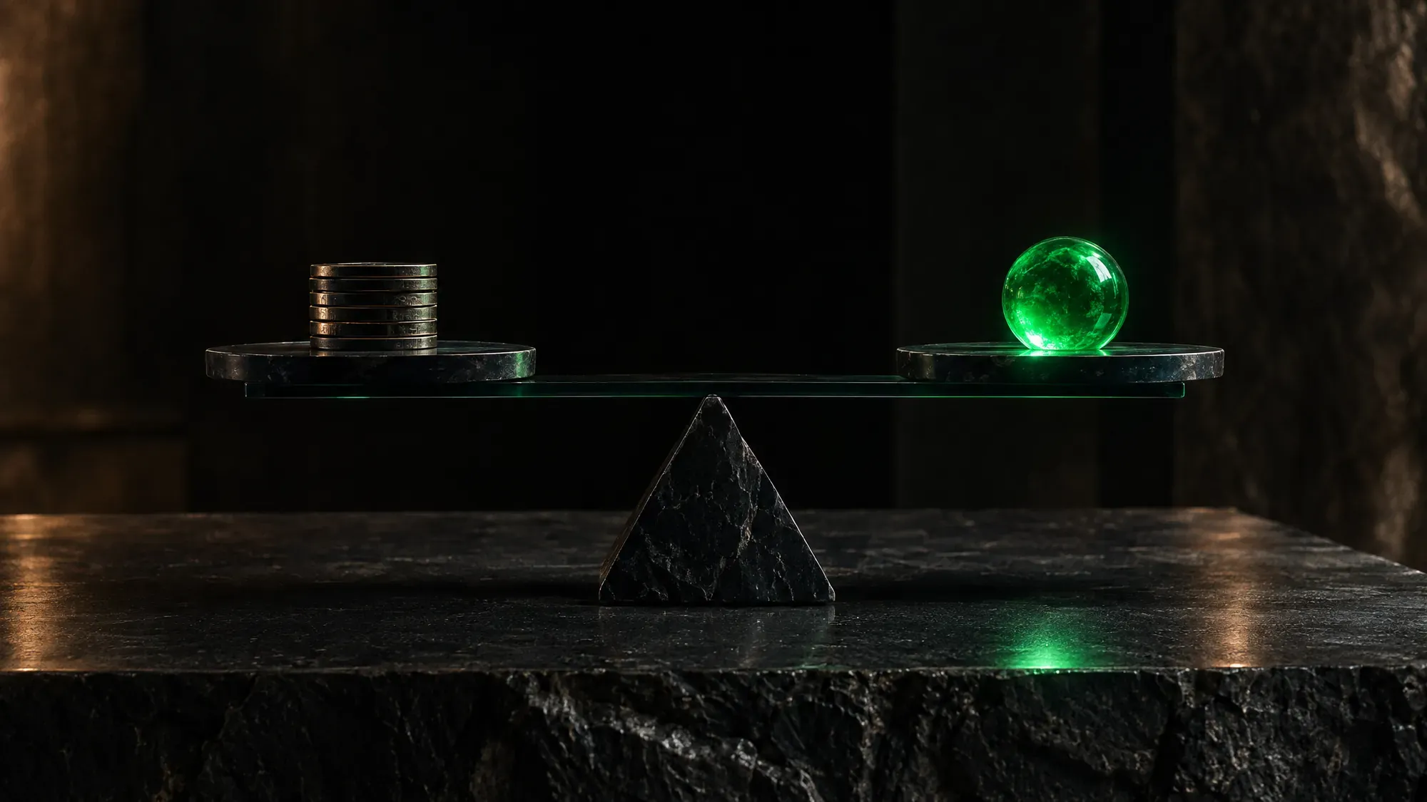 Balanza de piedra negra con monedas oscuras y una esfera de luz verde en equilibrio