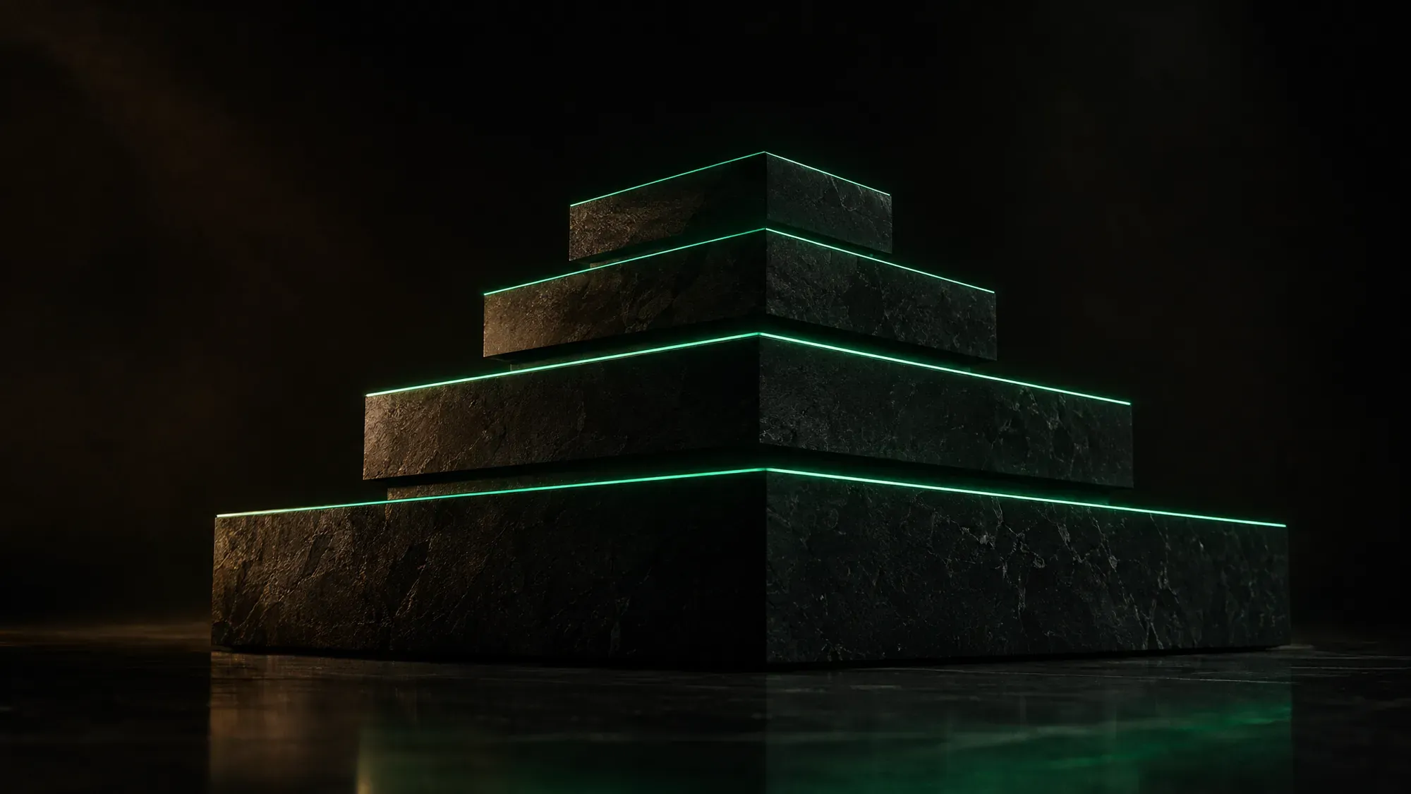 Maqueta de losas de piedra negra apiladas en jerarquía con bordes de luz verde