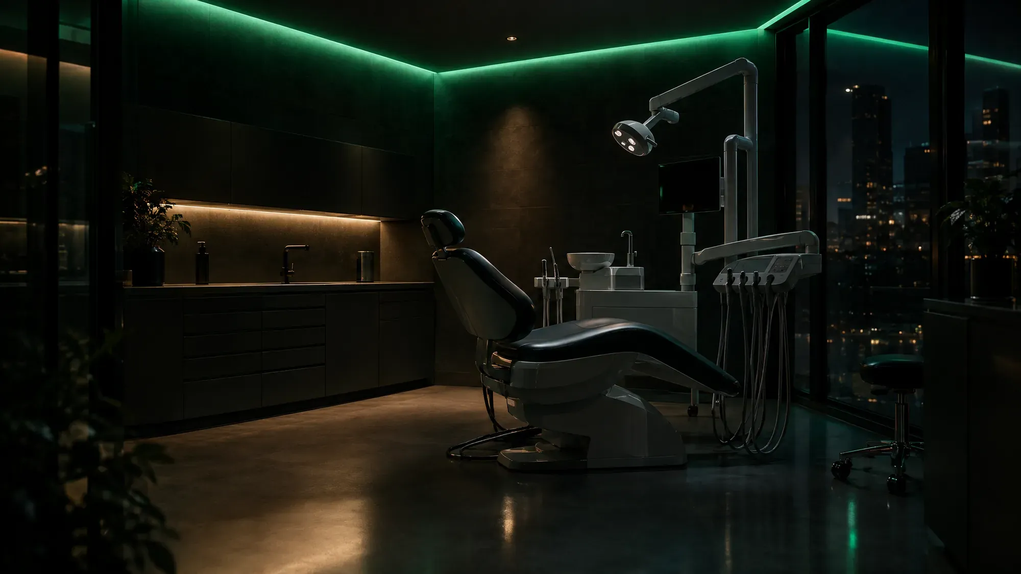 Gabinete dental moderno de noche con una línea de luz verde en el techo