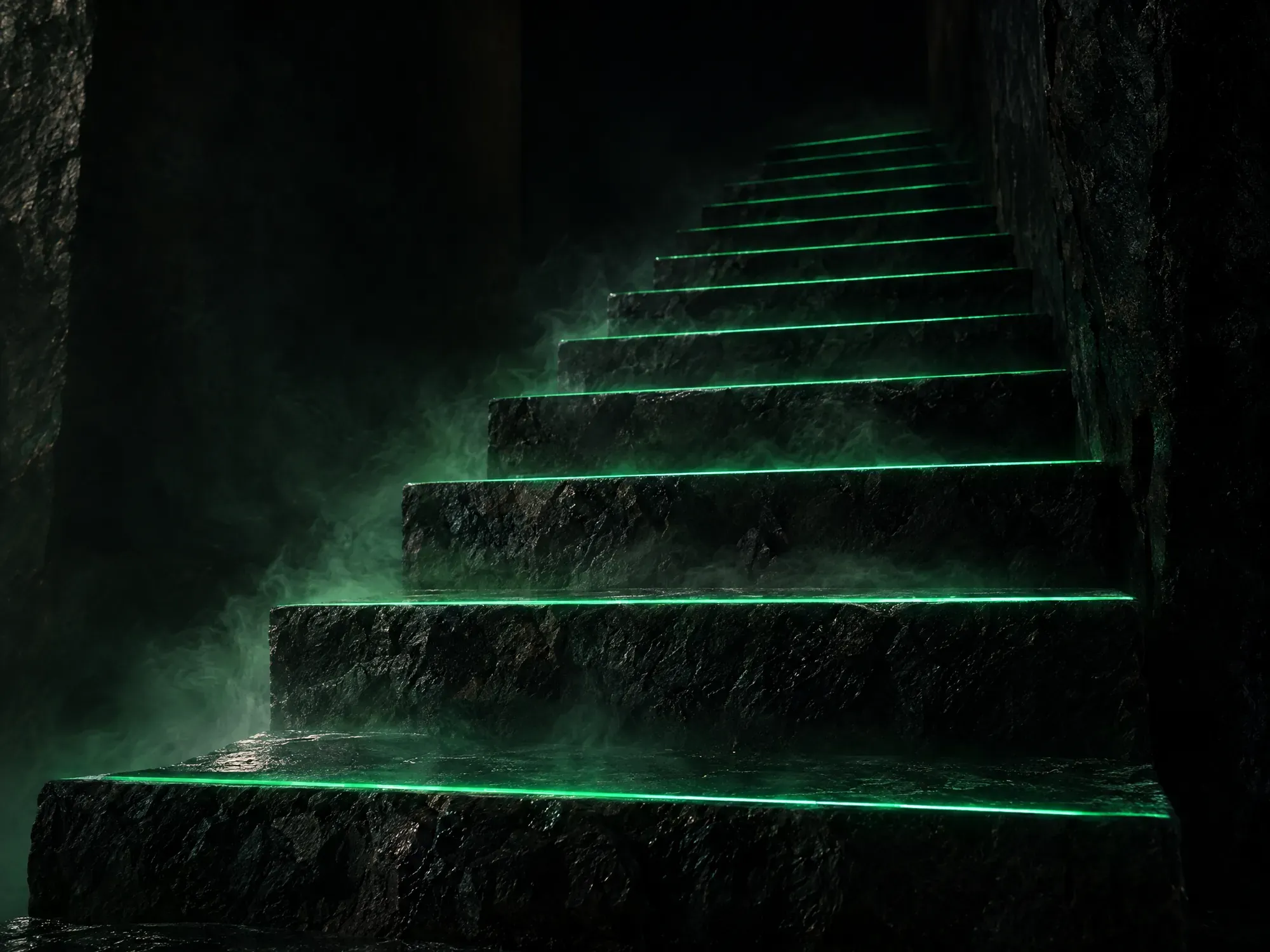 Escalera de basalto con el borde de cada peldaño iluminado en verde